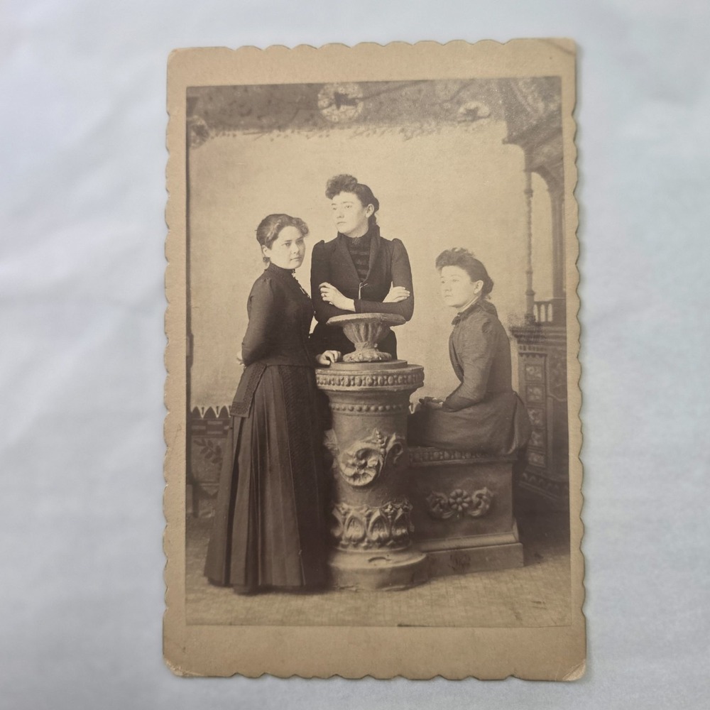 Vintage Antique Black & White cabinet card Trio of Women Surrounding Podium